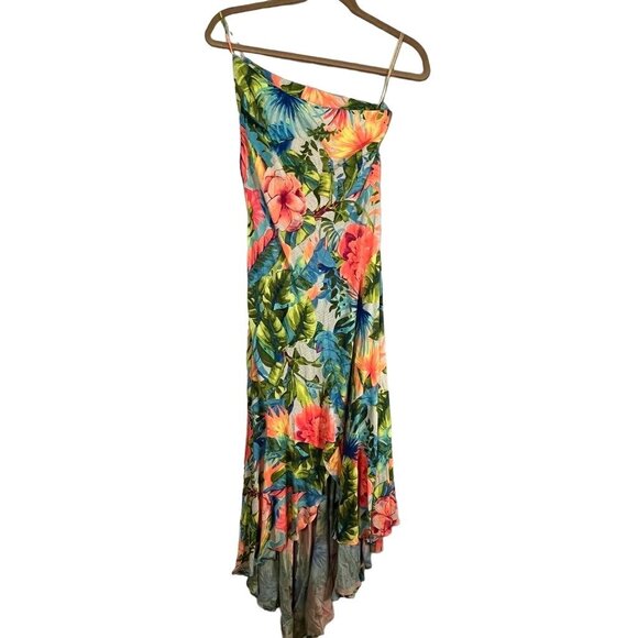 Farm Rio Dress L Orange Tropical Hi Lo Maxi One Shoulder Strap Blue Side Split G - Picture 1 of 15
